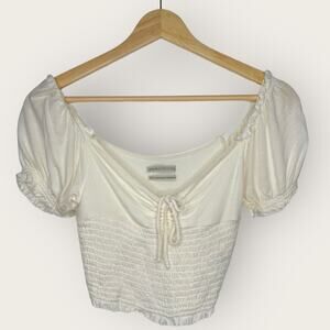Urban Outfitters Ivory Smocked Puff Sleeve Blouse Ruched Sweetheart XS